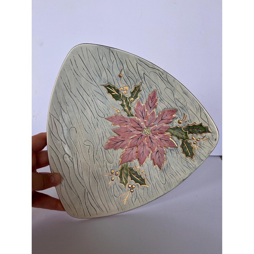 Vintage 1973 Hand Painted Poinsettia Ceramic Dish – Holiday Serving Plate